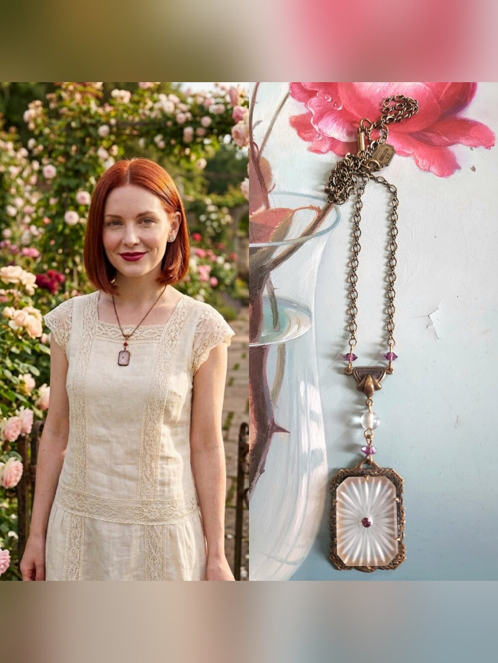 Vintage Brass Camphor Glass Lariat Pendant